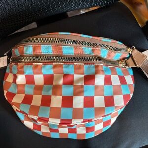 Checked Crossbody Bag in Coral, Turquoise & Cream